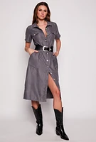 Womens Tie Waist Belted Button Down Shirt Dress, Grey, Size L