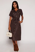 Womens Tie Waist Belted Button Down Shirt Dress, L