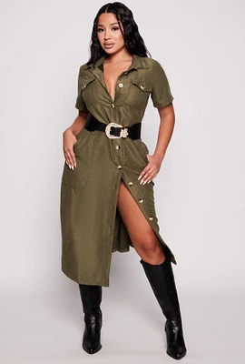 Womens Tie Waist Belted Button Down Shirt Dress,