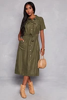 Womens Tie Waist Belted Button Down Shirt Dress, Green, Size L