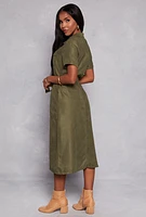 Womens Tie Waist Belted Button Down Shirt Dress, Green, Size L