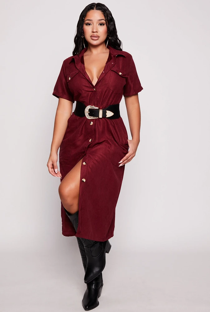 Womens Tie Waist Belted Button Down Shirt Dress,