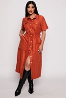 Womens Tie Waist Belted Button Down Shirt Dress, Orange,