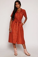 Womens Tie Waist Belted Button Down Shirt Dress, Orange,