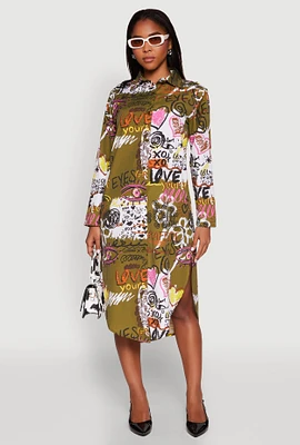 Womens Spoon Jeans Graffiti Print Shirt Dress, Green, Size XL