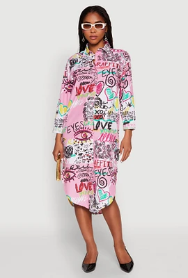 Womens Spoon Jeans Graffiti Print Shirt Dress, Pink, Size L