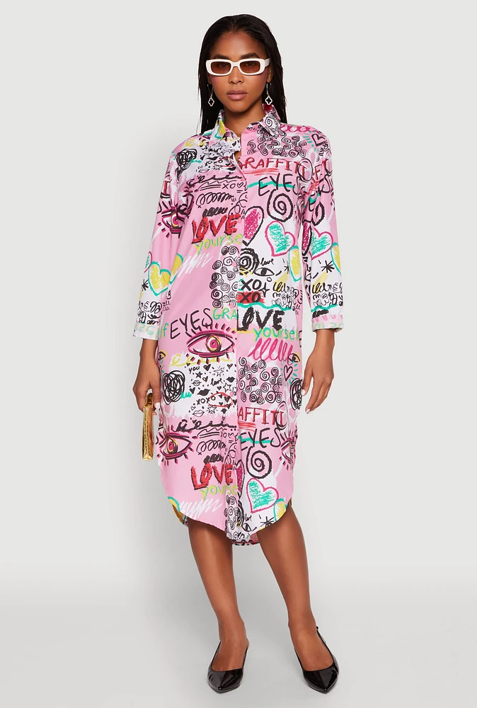 Womens Spoon Jeans Graffiti Print Shirt Dress, Pink, Size M