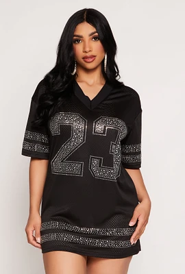 Womens Rhinestone 23 Short Sleeve Jersey Dress, Black,