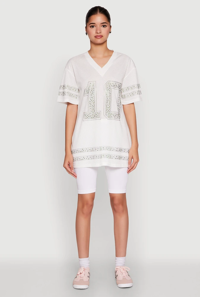 Womens Rhinestone Graphic Short Sleeve Jersey Top, White, Size S