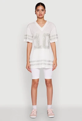 Womens Rhinestone Graphic Short Sleeve Jersey Top, White, Size S