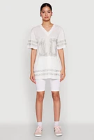 Womens Rhinestone Graphic Short Sleeve Jersey Top, White, Size S