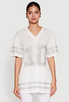 Womens Rhinestone Graphic Short Sleeve Jersey Top, White, Size S
