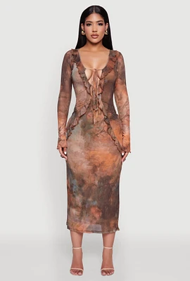 Womens Chic Mesh Ruffle Tie Front Bodycon Dress, Multi, Size M