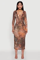 Womens Chic Mesh Ruffle Tie Front Bodycon Dress, Multi, Size M