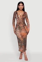Womens Chic Mesh Ruffle Tie Front Bodycon Dress, Multi, Size M