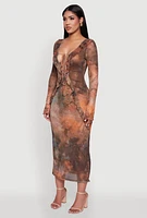 Womens Chic Mesh Ruffle Tie Front Bodycon Dress, Multi, Size M