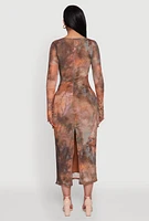 Womens Chic Mesh Ruffle Tie Front Bodycon Dress, Multi, Size M