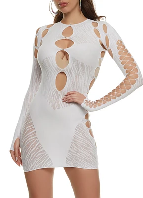 Womens Seamless Rhinestone Cut Out Mini Dress, White