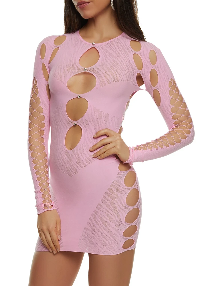 Womens Seamless Rhinestone Cut Out Mini Dress, Pink