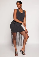 Womens Acid Wash Fringe Tank Dress, Black, Size S