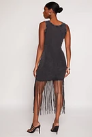 Womens Acid Wash Fringe Tank Dress, Black, Size S