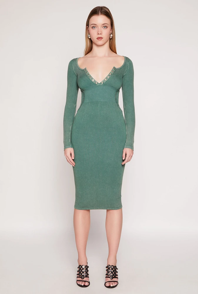 Womens Daisy Acid Wash Grommet Notch Neck Dress, Green, Size L
