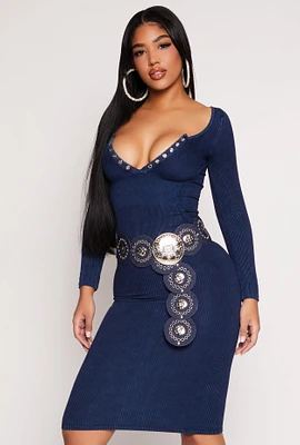 Womens Daisy Acid Wash Grommet Notch Neck Dress,