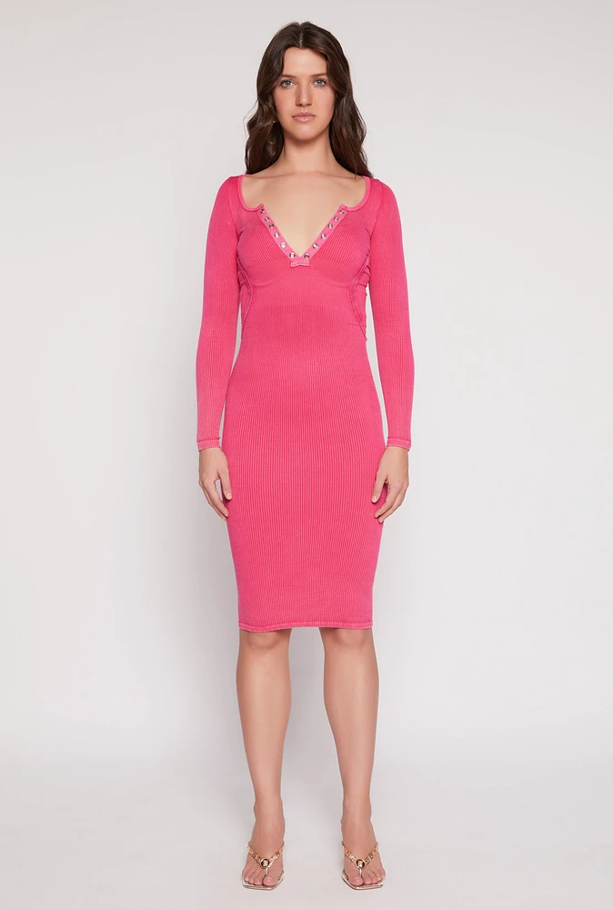 Womens Daisy Acid Wash Grommet Notch Neck Dress, L