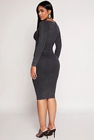 Womens Daisy Rib Knit Notch Neck Bodycon Dress, Black, Size M