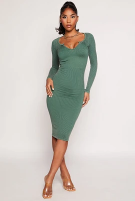 Womens Daisy Rib Knit Notch Neck Bodycon Dress, Green,