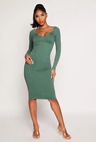 Womens Daisy Rib Knit Notch Neck Bodycon Dress, Green,