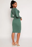 Womens Daisy Rib Knit Notch Neck Bodycon Dress, Green,