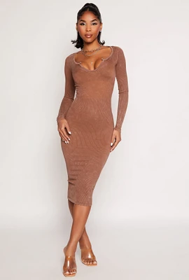 Womens Daisy Rib Knit Notch Neck Bodycon Dress, Brown, Size M
