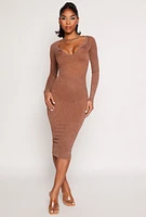 Womens Daisy Rib Knit Notch Neck Bodycon Dress, Brown, Size M