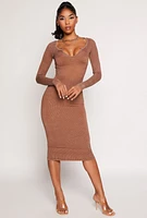 Womens Daisy Rib Knit Notch Neck Bodycon Dress, Brown, Size M