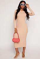 Womens Daisy Ribbed Crew Neck Midi Dress, Beige, Size M
