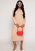 Womens Daisy Ribbed Crew Neck Midi Dress, Beige, Size M