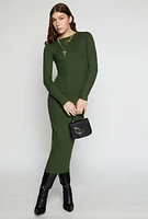 Womens Daisy Ribbed Crew Neck Midi Dress, Green, Size L