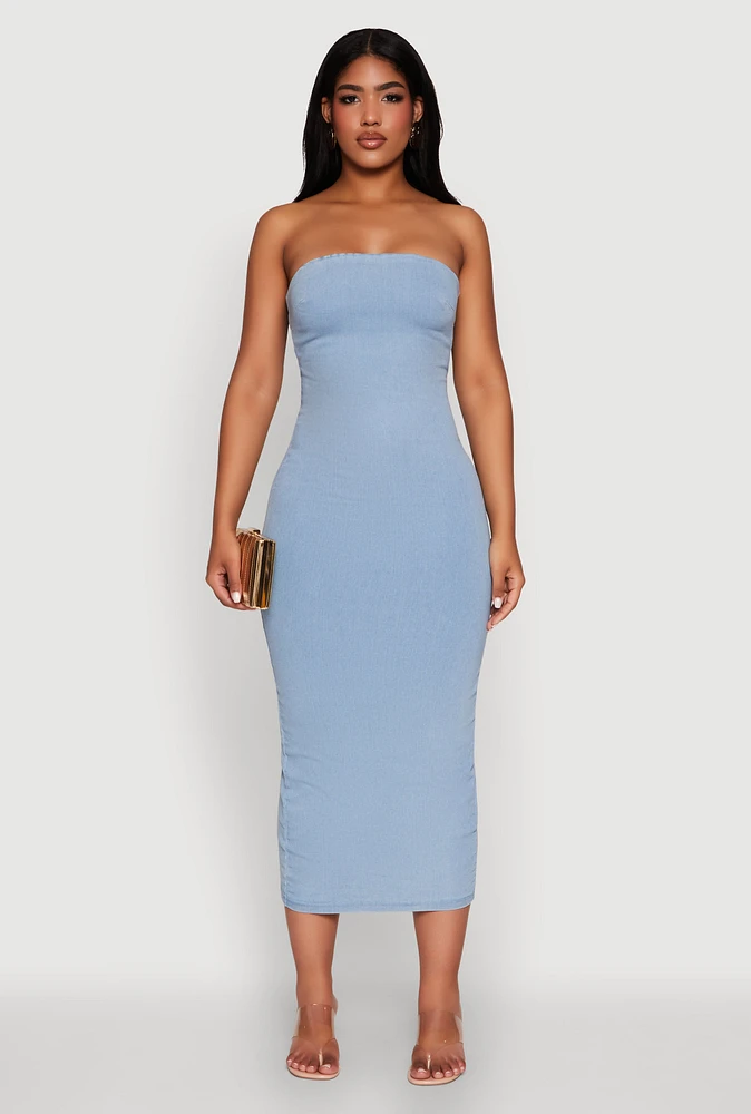 Womens Haute Monde Denim Slit Back Tube Dress, Blue, Size L