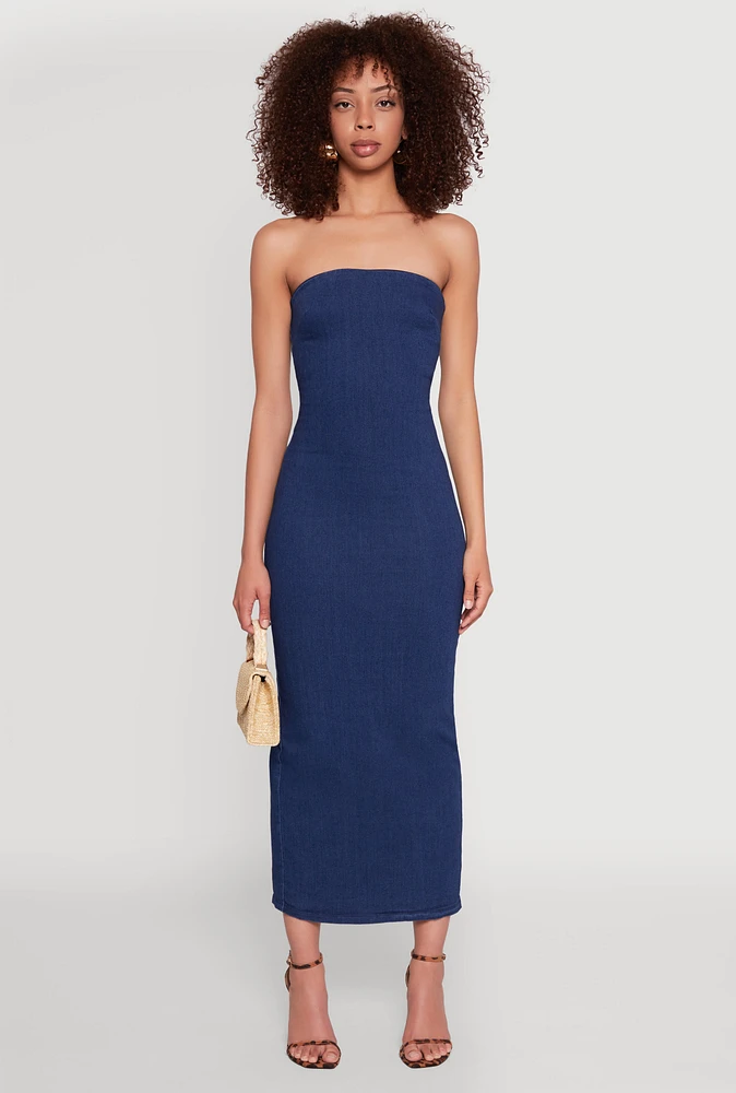 Womens Haute Monde Denim Slit Back Tube Dress, Blue,