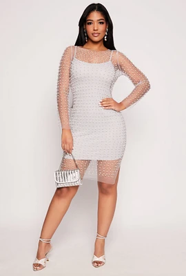 Womens Haute Monde Faux Pearl Rhinestone Mesh Dress, Grey, Size S