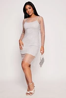 Womens Haute Monde Faux Pearl Rhinestone Mesh Dress, Grey, Size S