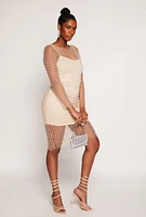 Womens Haute Monde Faux Pearl Rhinestone Mesh Dress, Beige, Size L