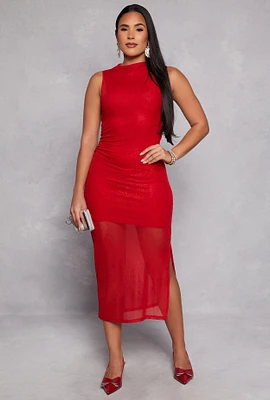 Womens Haute Monde Foiled Mesh Side Slit Midi Dress, Red, Size L