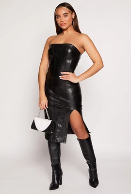 Womens Haute Monde Faux Leather Side Slit Tube Dress,