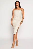 Womens Haute Monde Faux Leather Side Slit Tube Dress, Beige, Size S