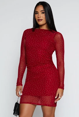 Womens Haute Monde Rhinestone Long Sleeve Mini Dress, Red,