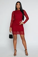 Womens Haute Monde Rhinestone Long Sleeve Mini Dress, Red,