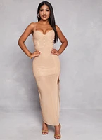 Womens Rhinestone Mesh Side Slit Maxi Dress, Beige, Size M