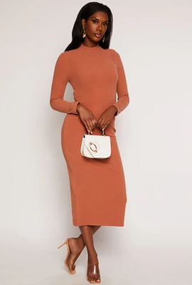 Womens Ribbed Mock Neck Long Sleeve Midi Dress, Brown, Size S